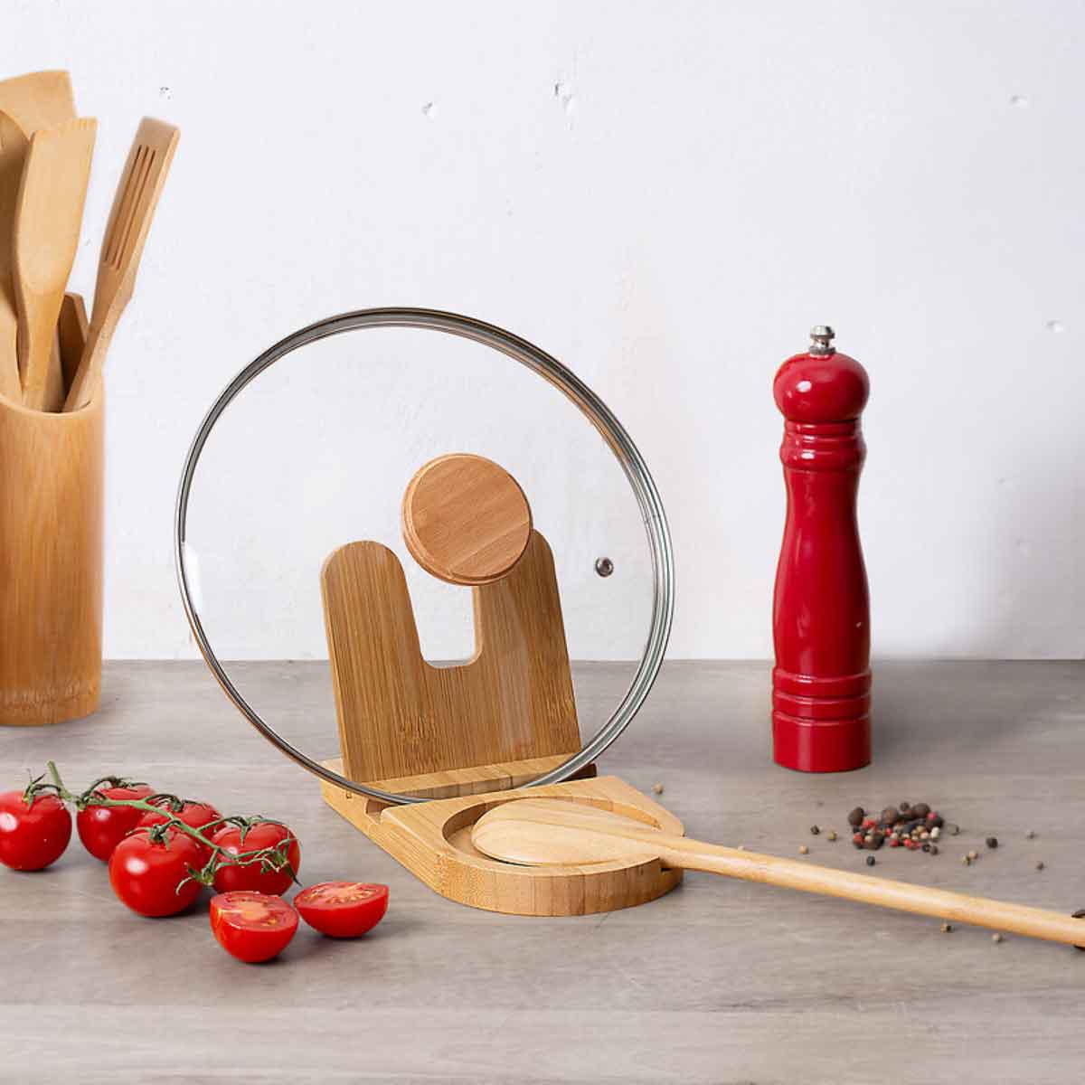 Suporte para colher e tampa de cozinha em bambu