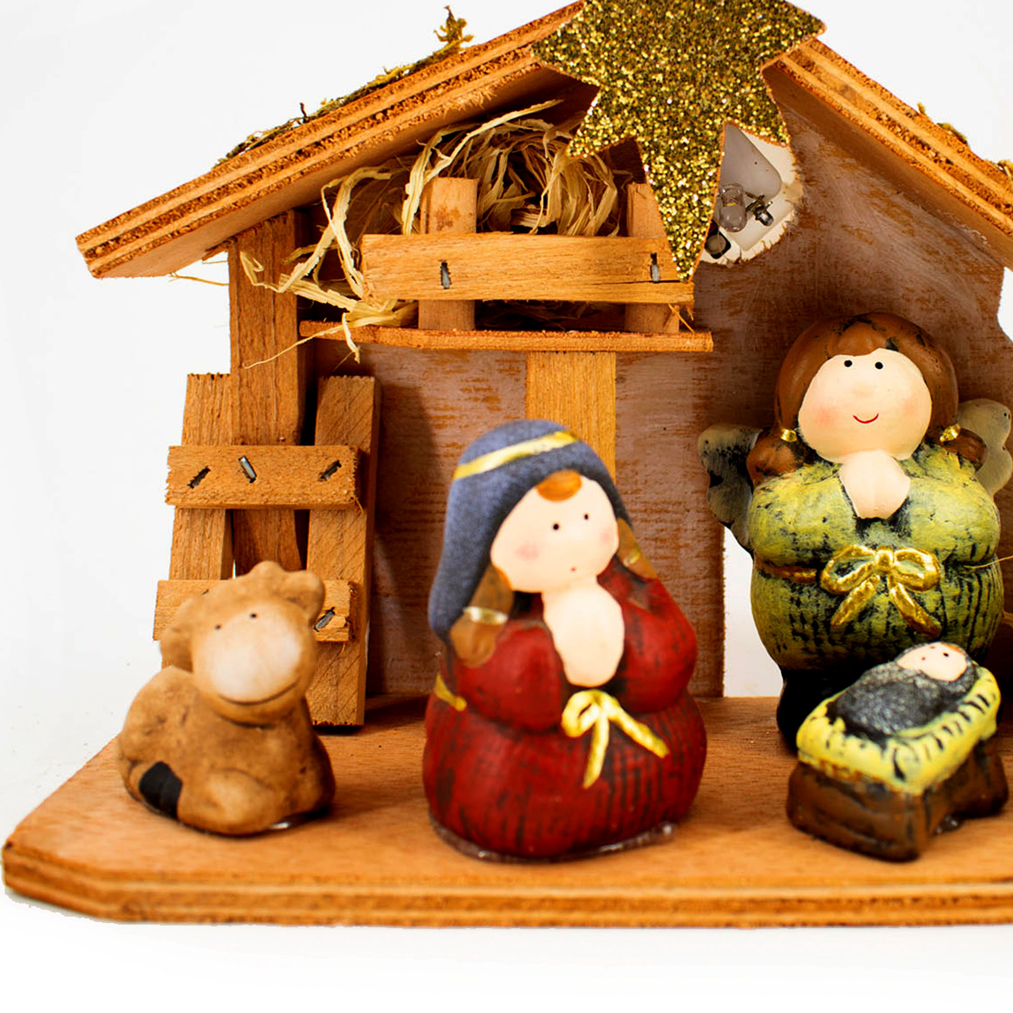 Pres&eacute;pio cabana luminosa com 5 figuras