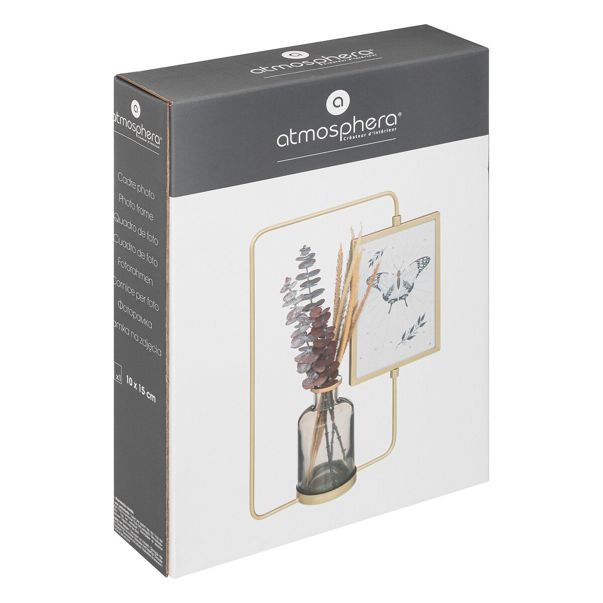 Moldura 10x15cm em metal com jarra com flor artificial