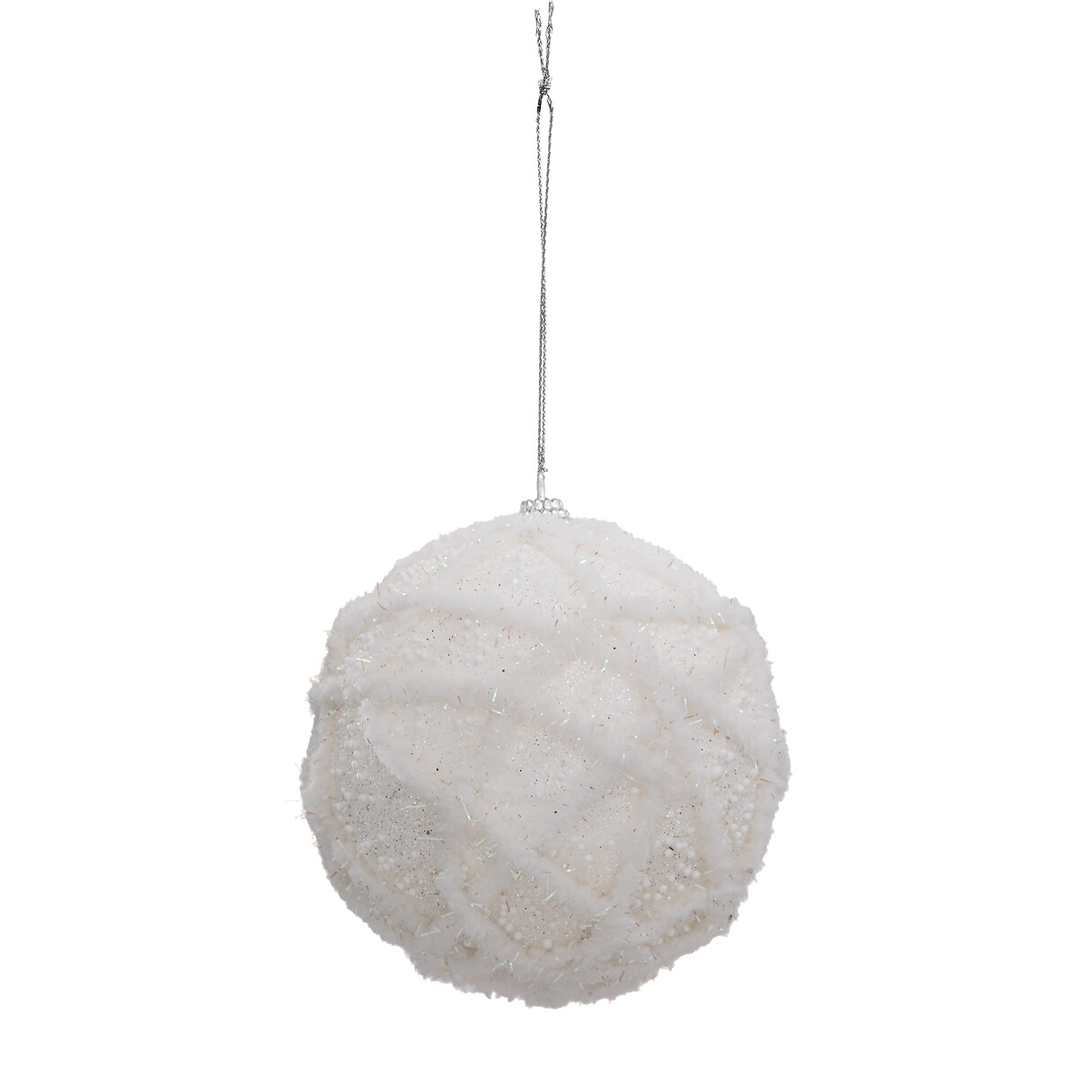 Pendurante bola l&atilde; branco iridescente com relevo