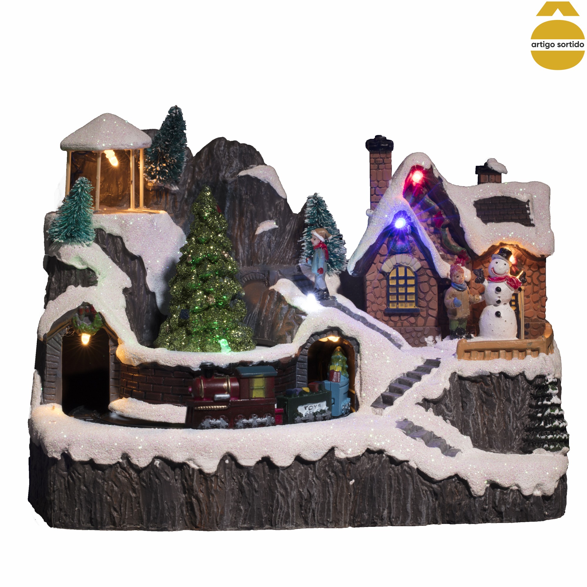 Aldeia luminosa com neve