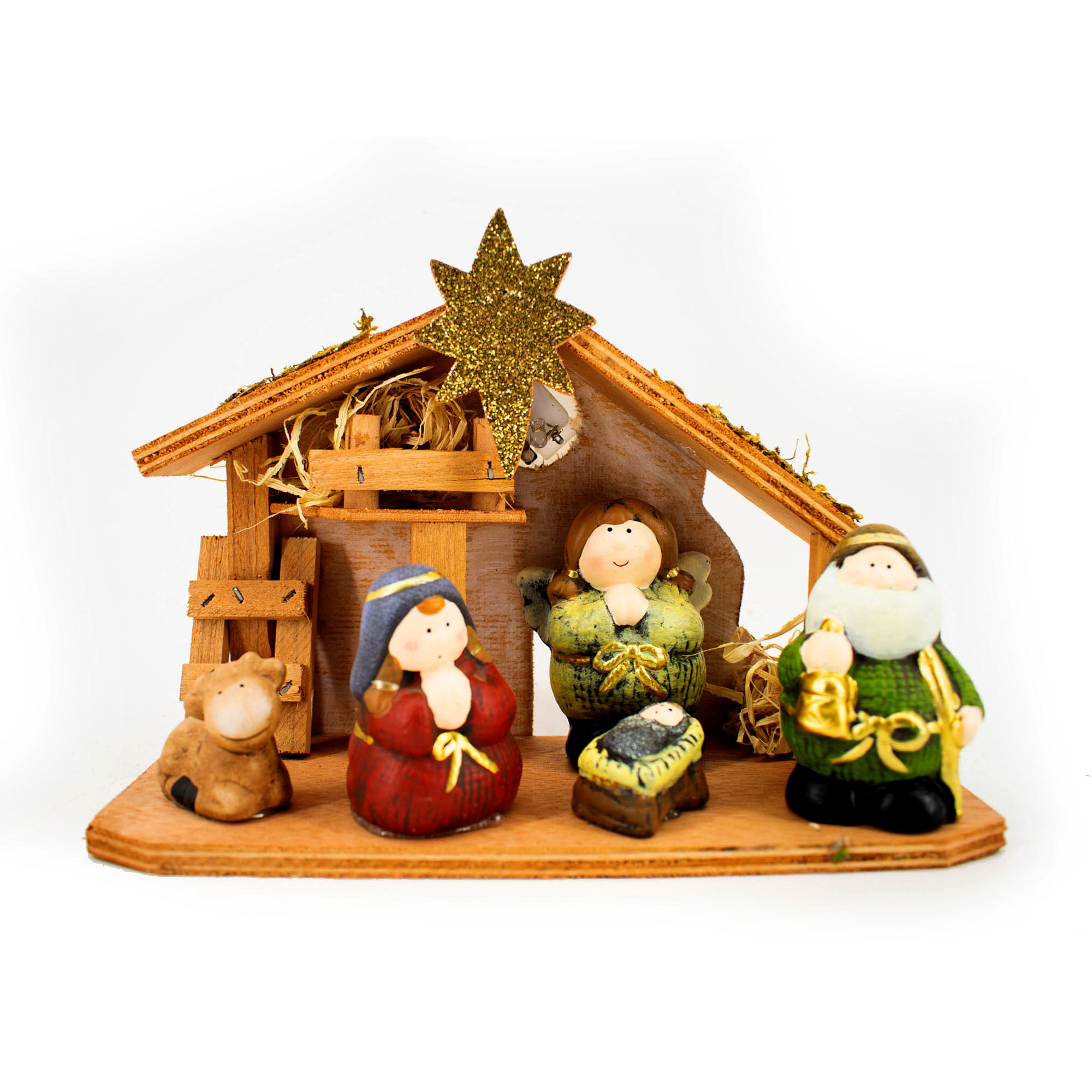 Pres&eacute;pio cabana luminosa com 5 figuras