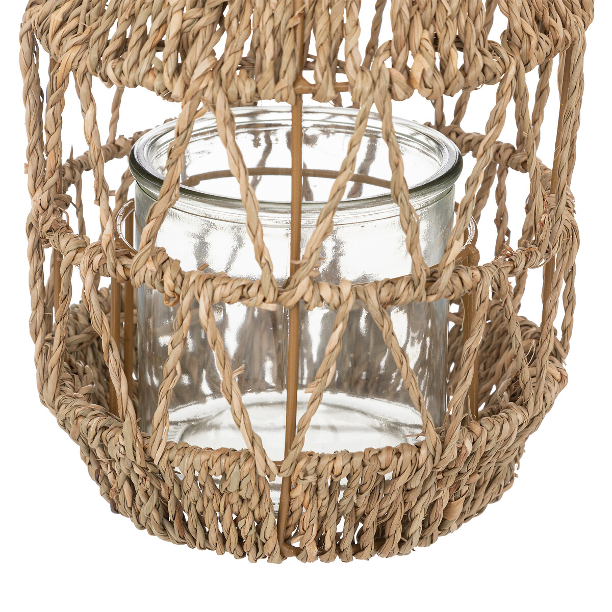 Lanterna em rattan bege com castiçal de vidro