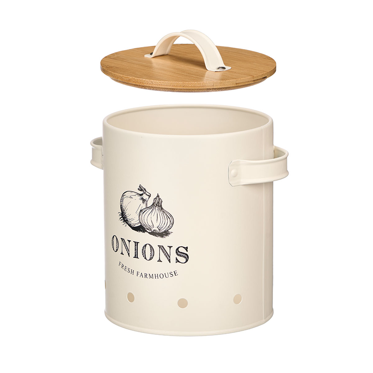 Lata para cebolas creme de metal com tampa bambu