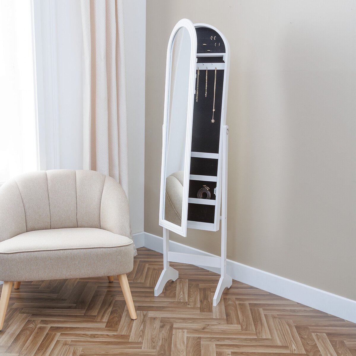 Espelho de chão com móvel de bijuteria LEXY branco 158cm,  Espelho de chão com móvel de bijuteria LEXY branco 158cm