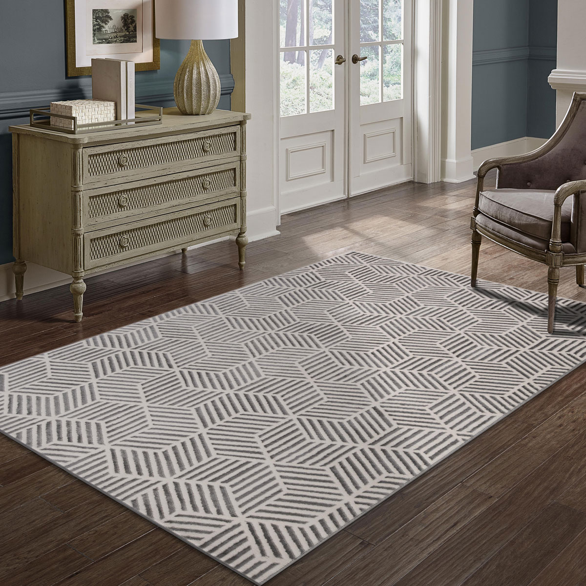 Tapete ZAHA geom&eacute;trico cinza 80x150cm