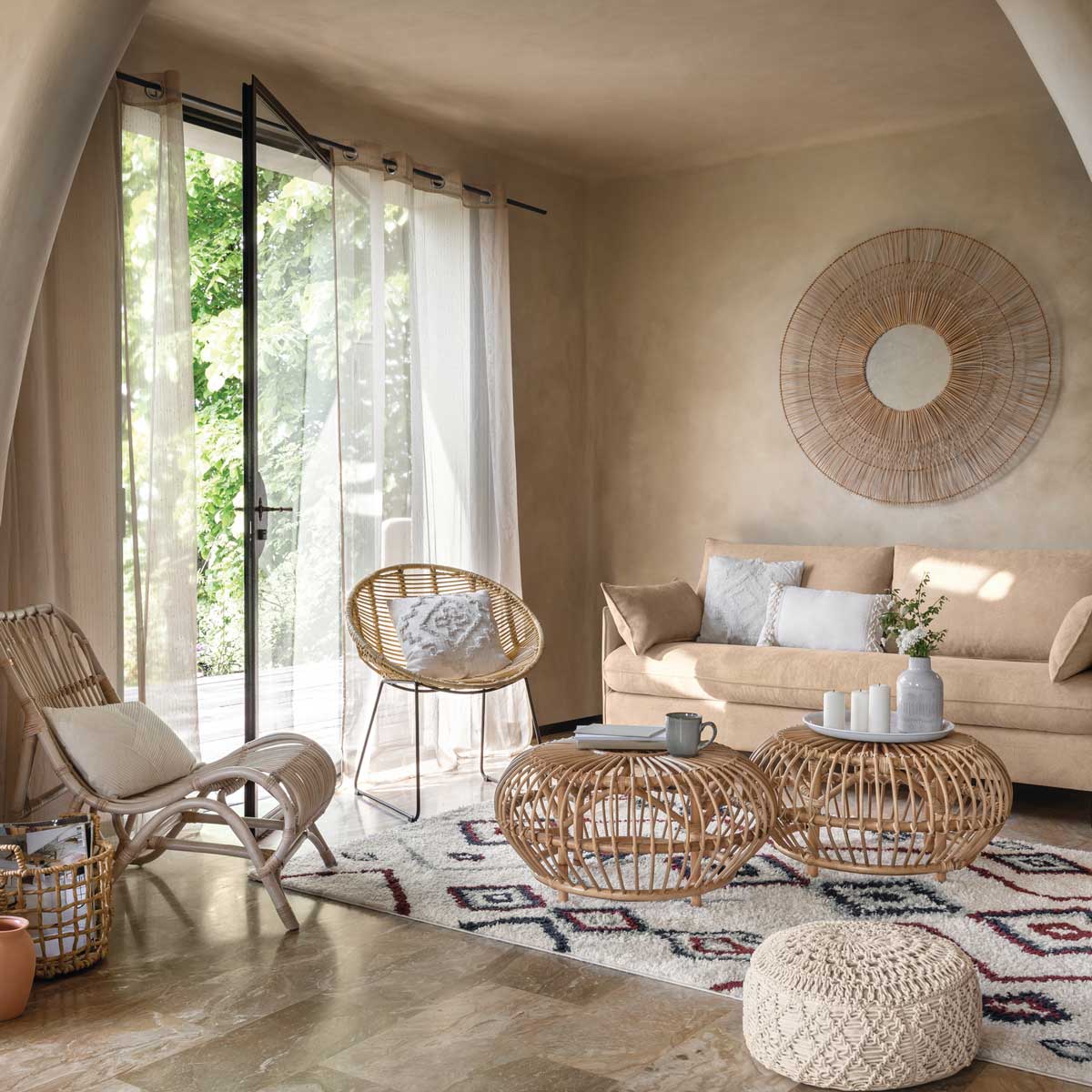 Espelho de parede bege CARAVANE em rattan 112cm