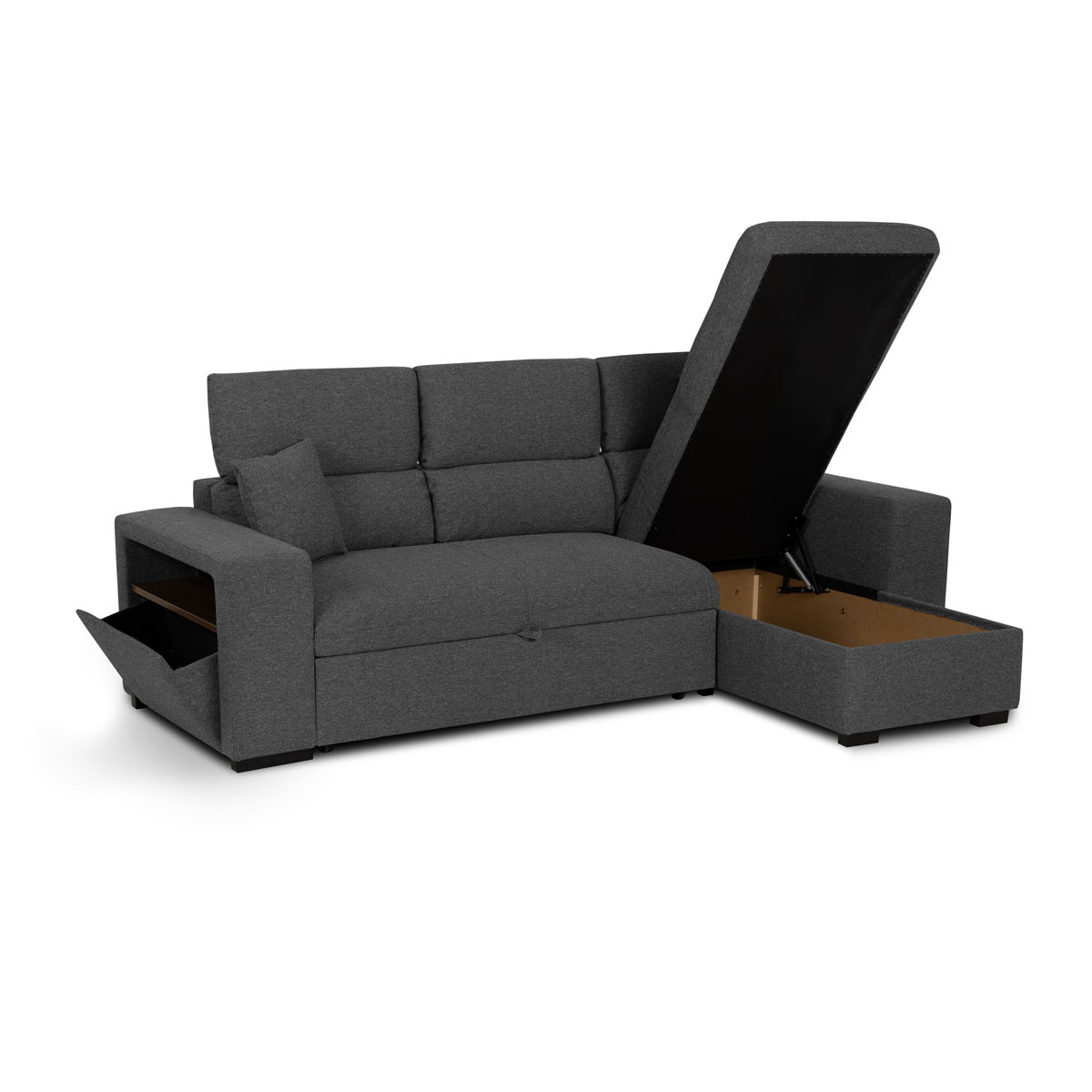 Sof&aacute; cama com chaise e cofre STANLEY cinza escuro