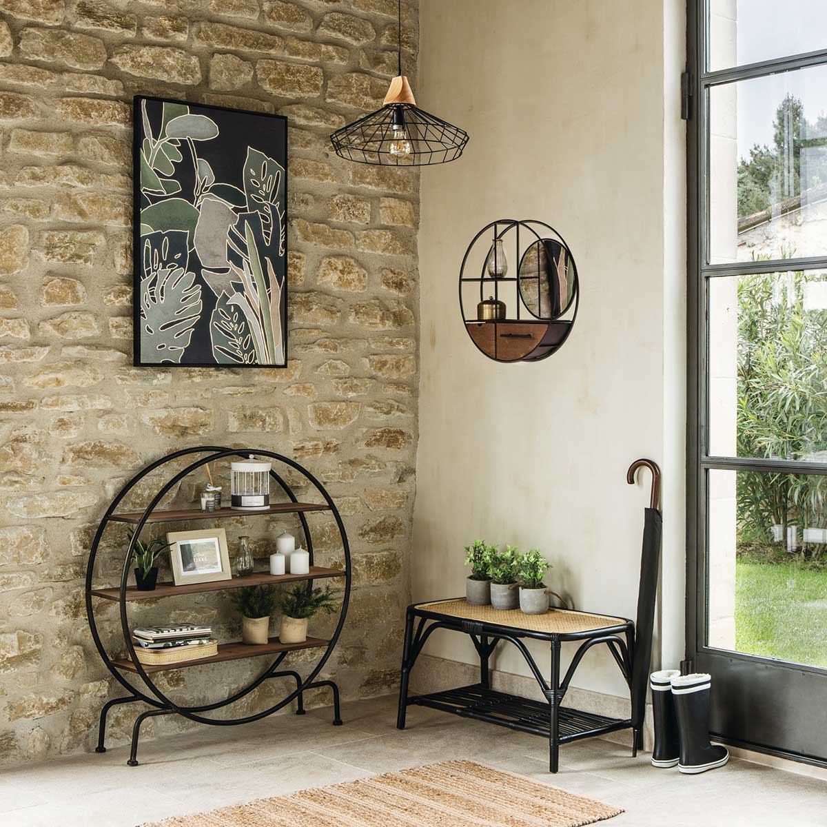 Candeeiro De Teto Preto Em Metal E Madeira Fil