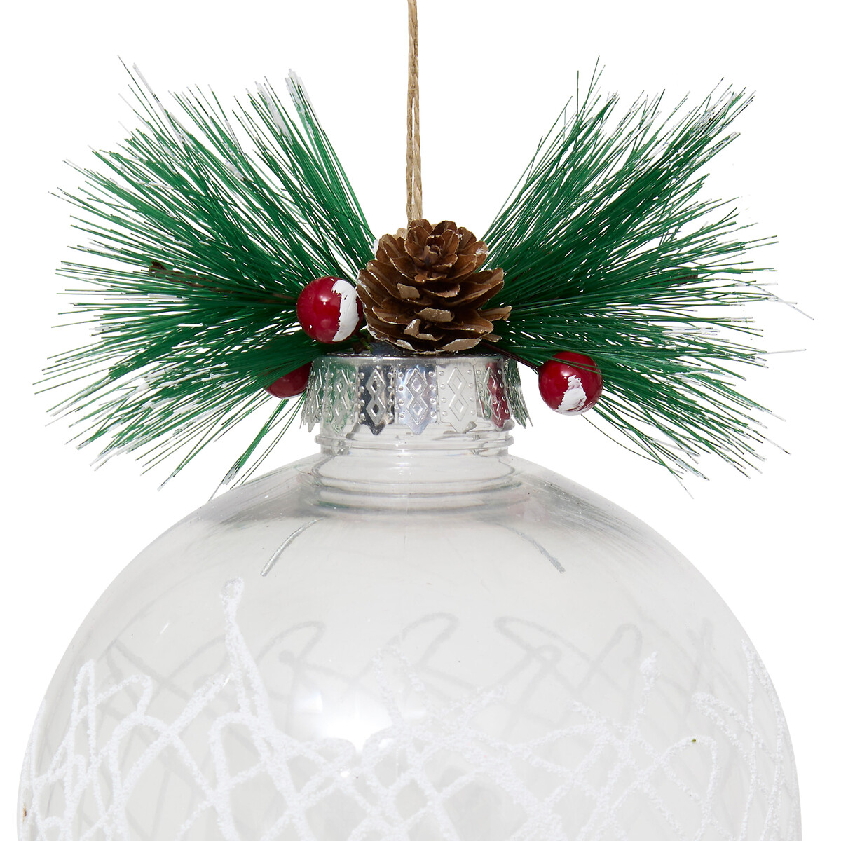 Bola de natal com azevinho e neve 15cm
