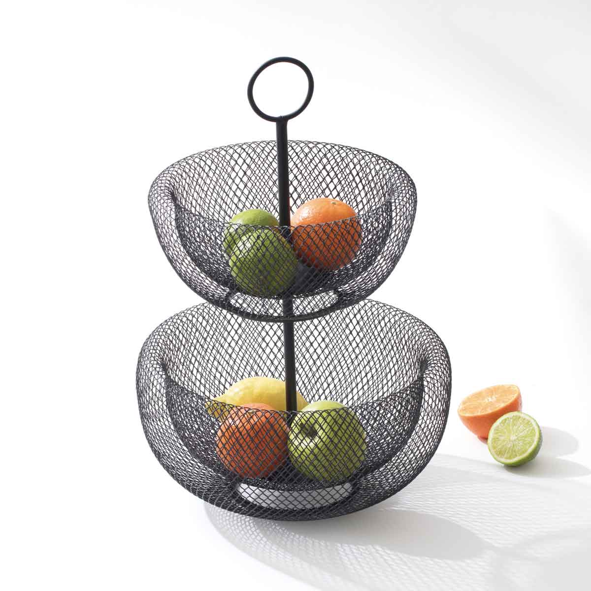 Fruteira preta em metal com 2 níveis