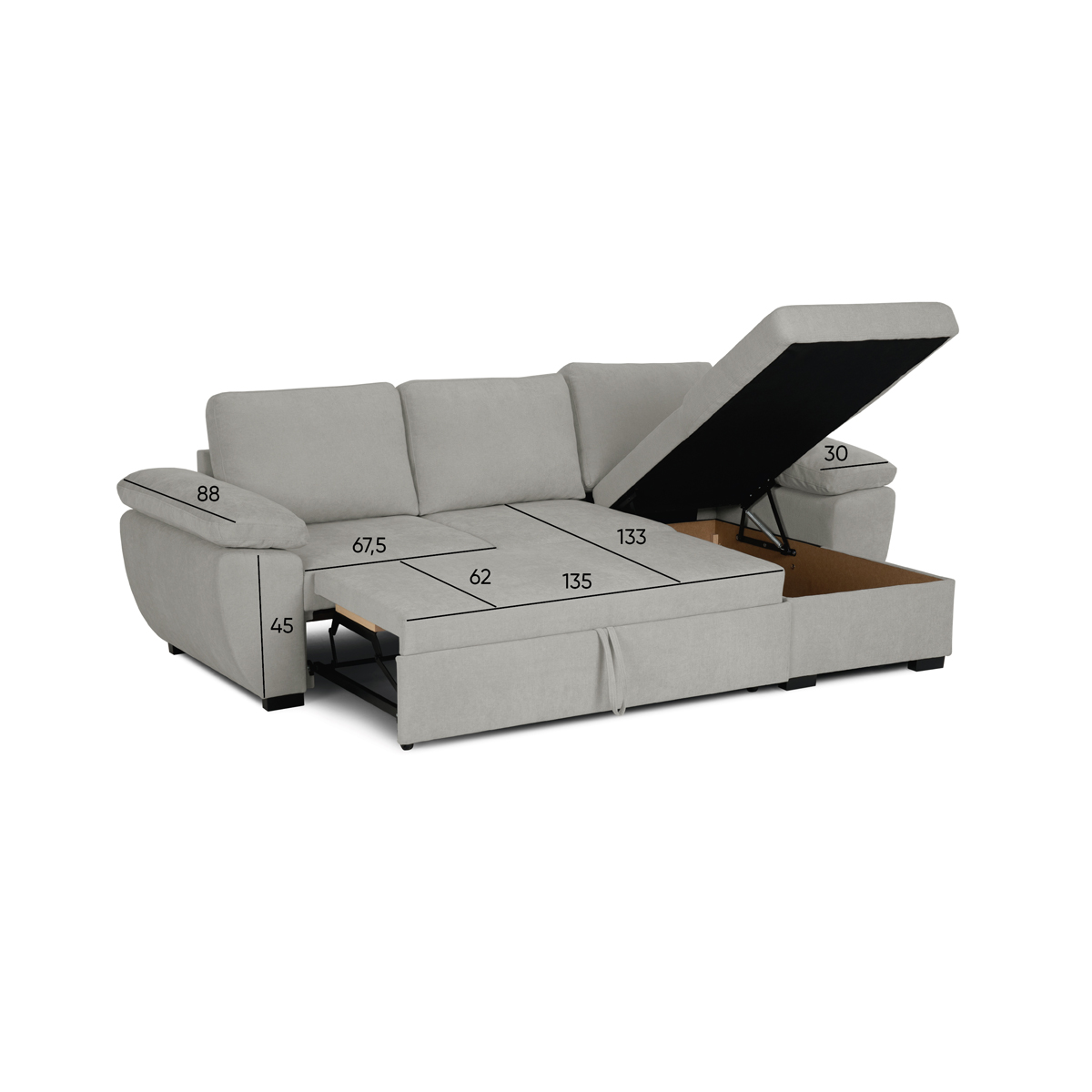 Sofá cama DRESDEN com cofre e chaise longue bege