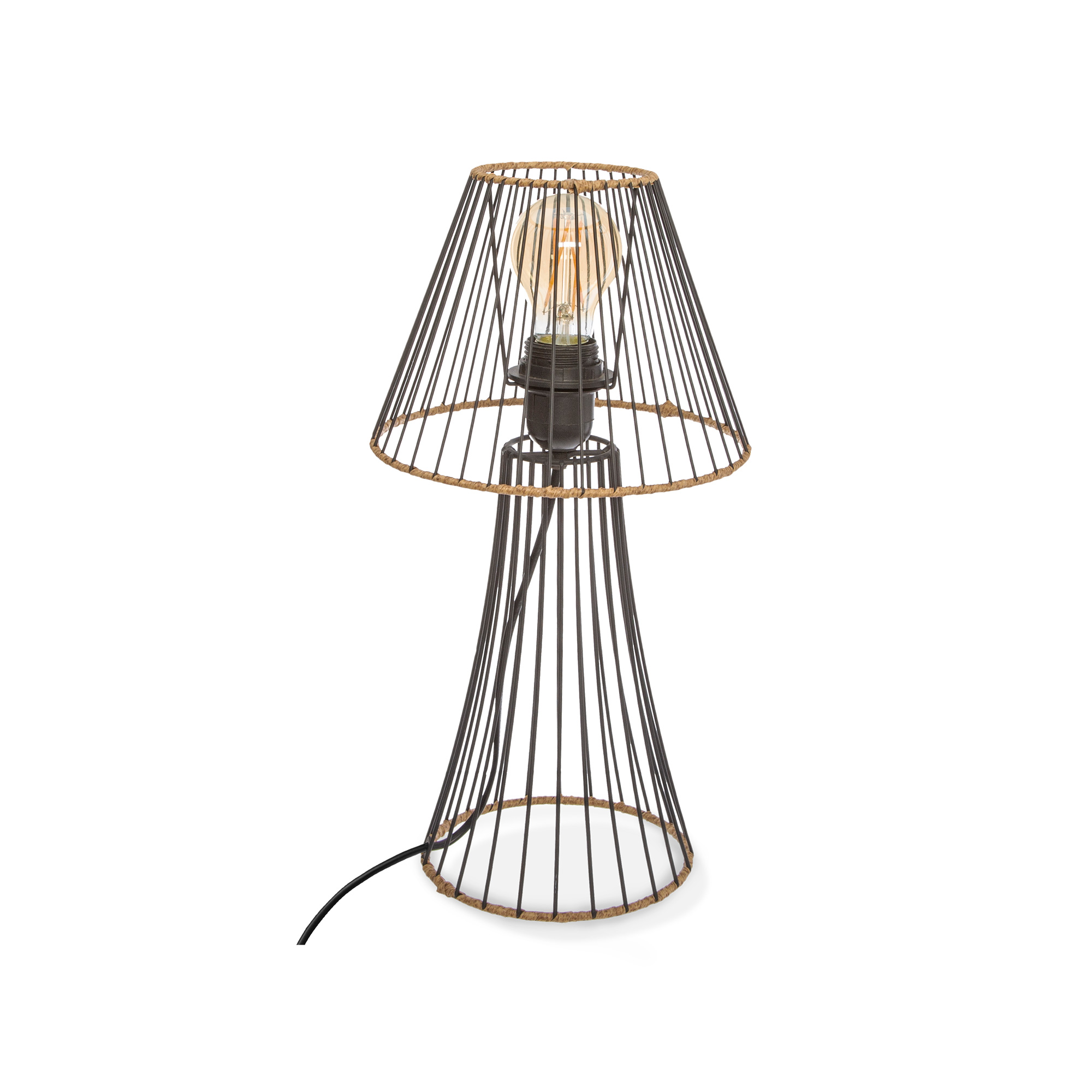 Candeeiro De Mesa Preto Em Metal E Rattan