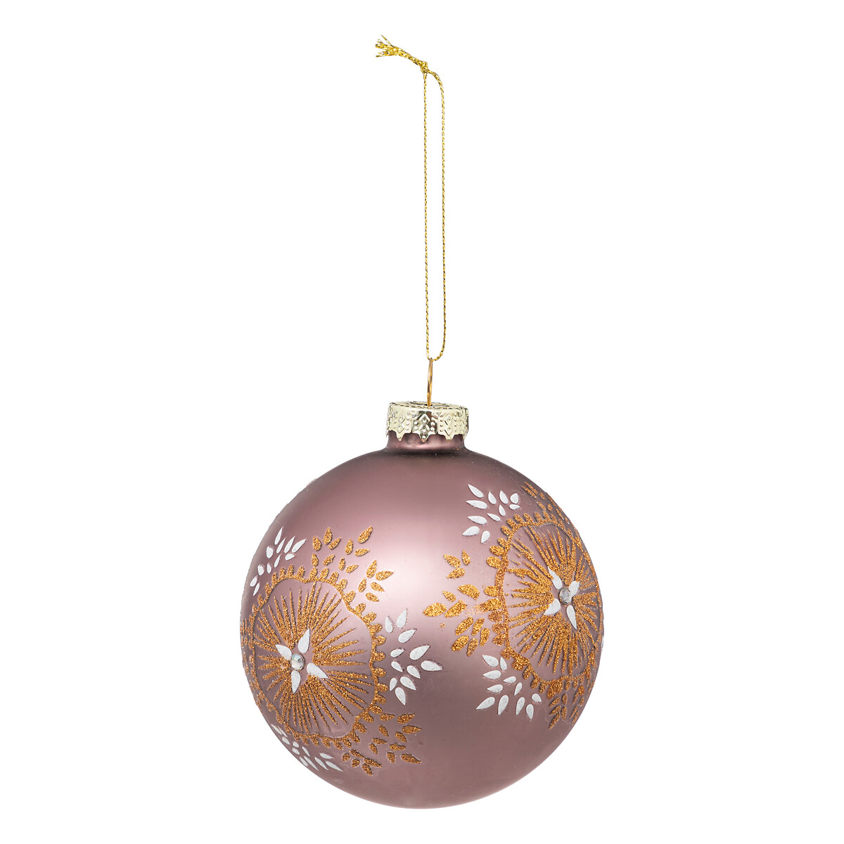 Pendurante bola rosa com relevo dourado 9cm
