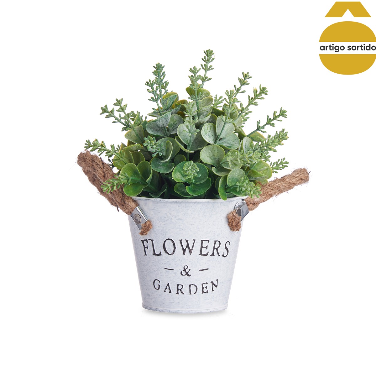 Vaso de metal com planta artificial verde 24cm