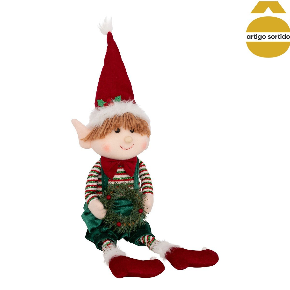 Figura elfo sentado com coroa/presente 68,5cm,  Figura elfo sentado com coroa/presente 68,5cm