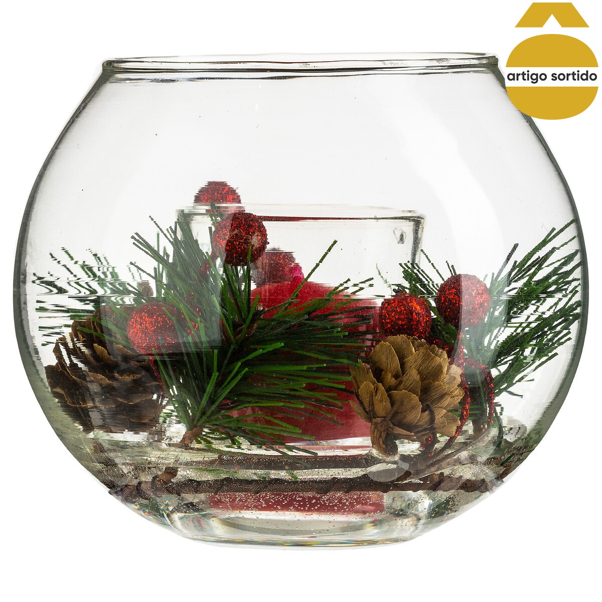 Vela com arranjo natal&iacute;cio em casti&ccedil;al de vidro
