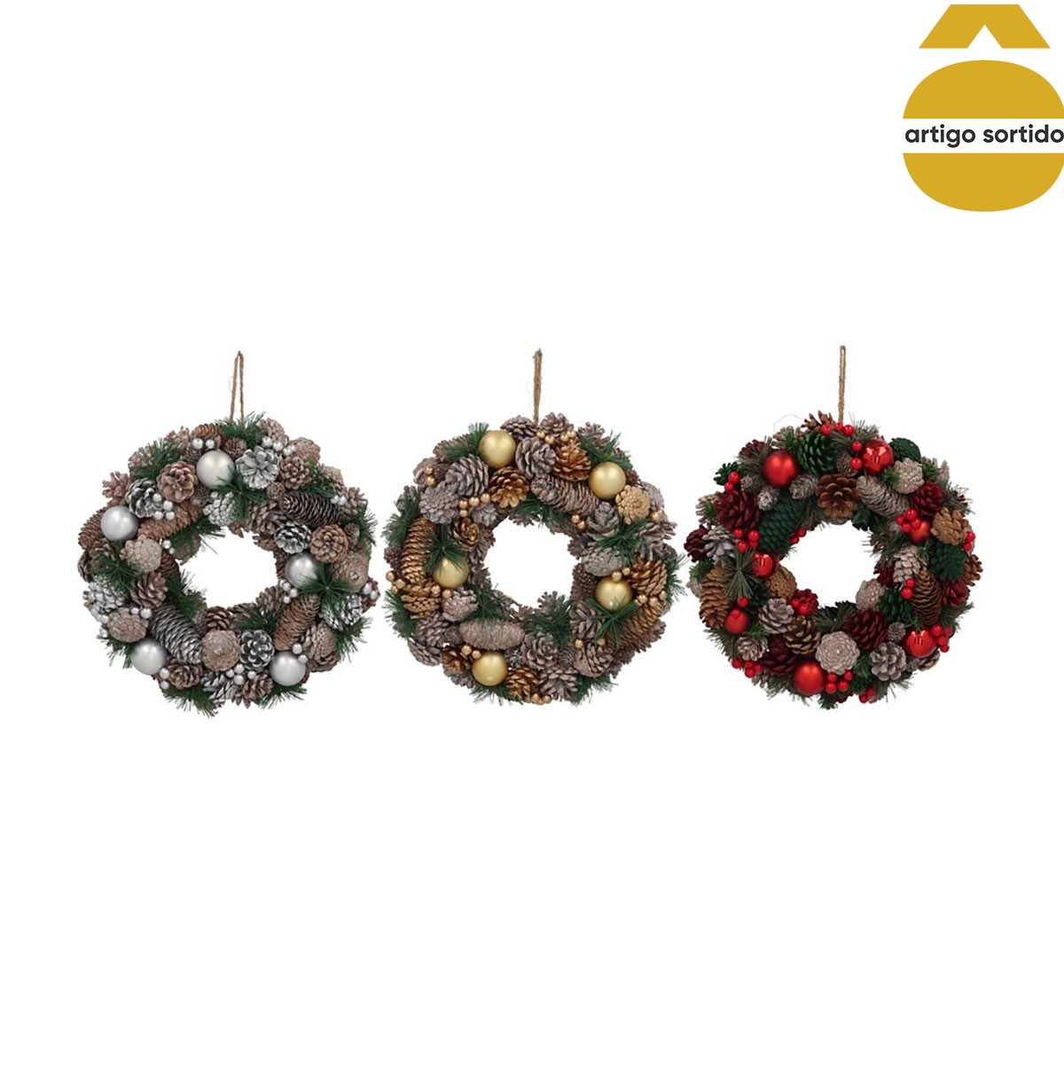 Coroa com pinhas e bolas de natal 31cm