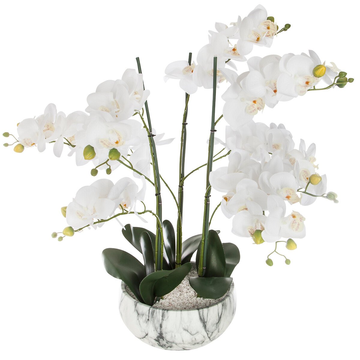 Vaso de cimento efeito m&aacute;rmore com orqu&iacute;dea artifical branca 65cm