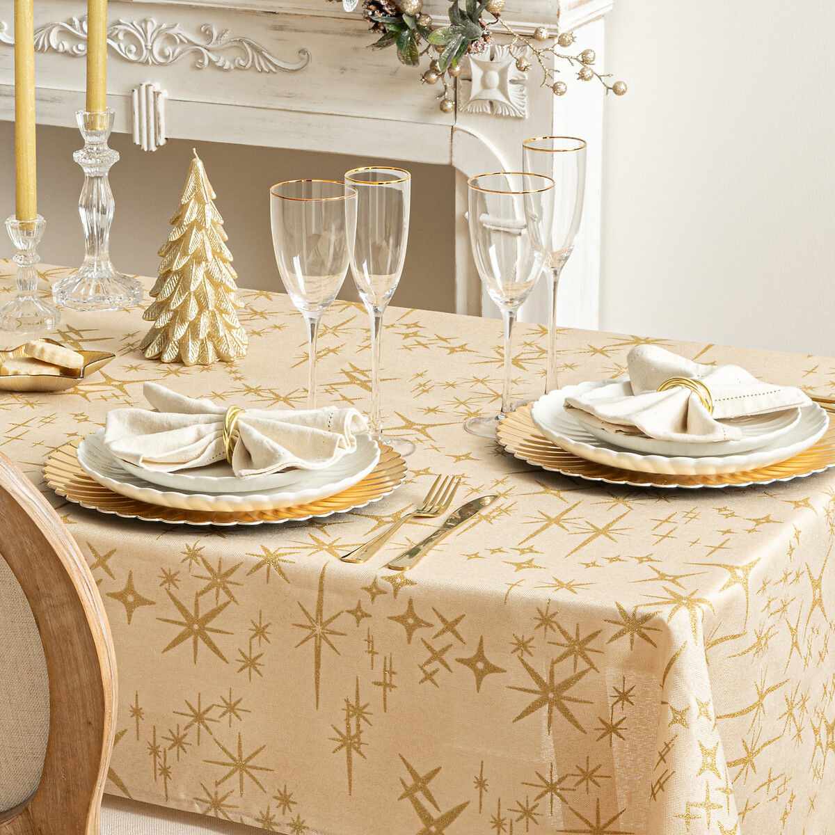 Toalha de mesa bege com estrelas 140x240cm
