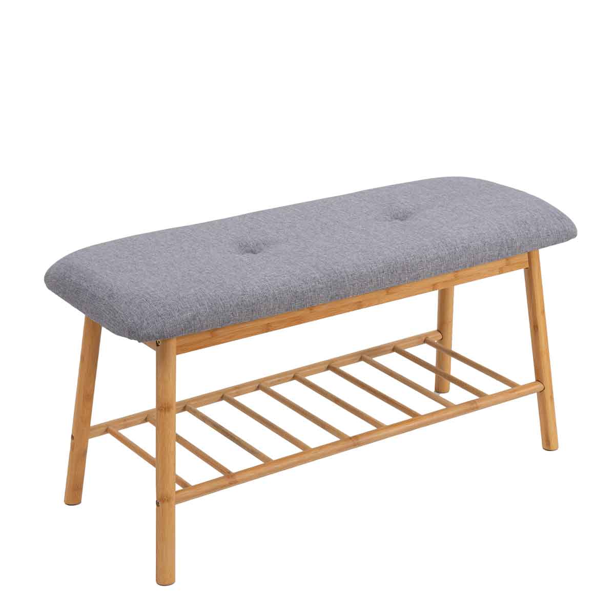 Banco cinza com estante em bambu,  Banco cinza com estante em bambu