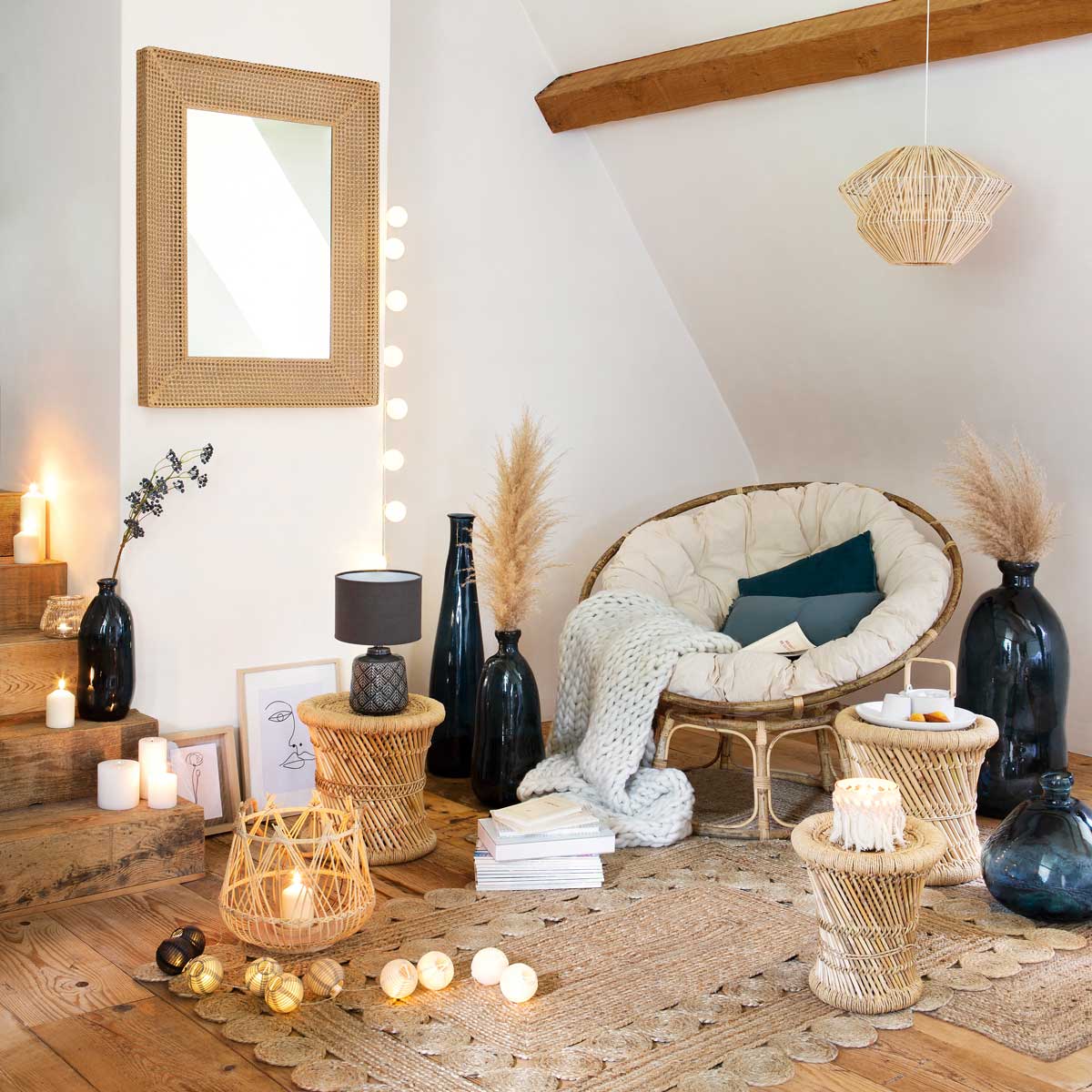 Banco bege em bambu e corda 38cm