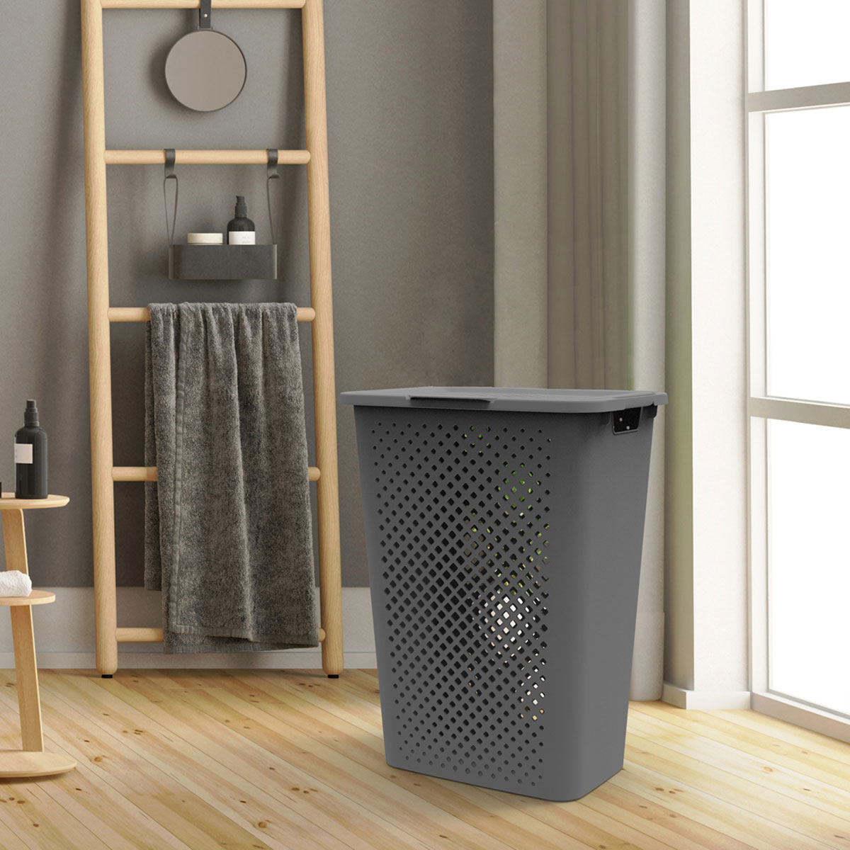 Cesto de roupa wc PIXEL cinza com tampa 50l