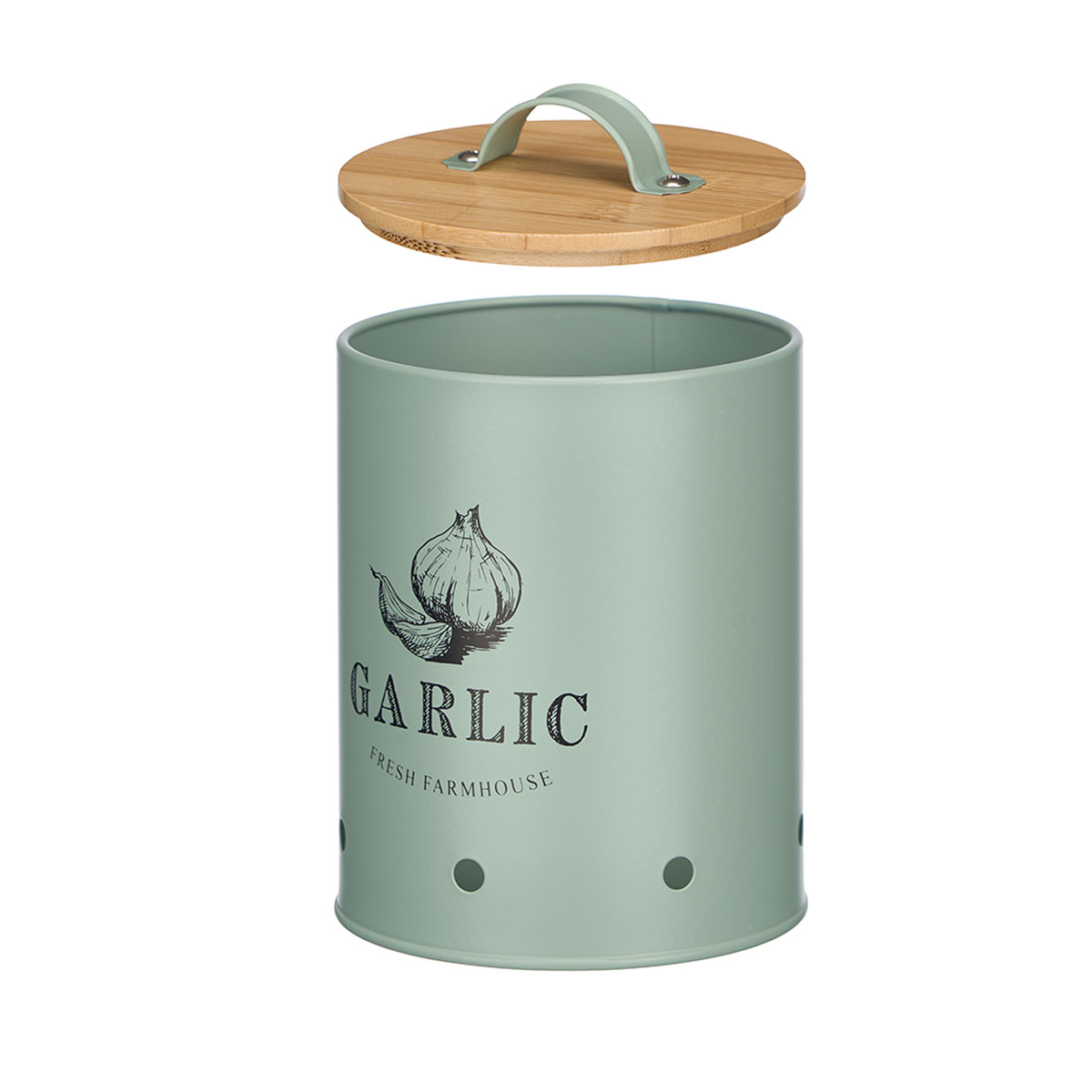 Lata para alhos verde de metal com tampa bambu