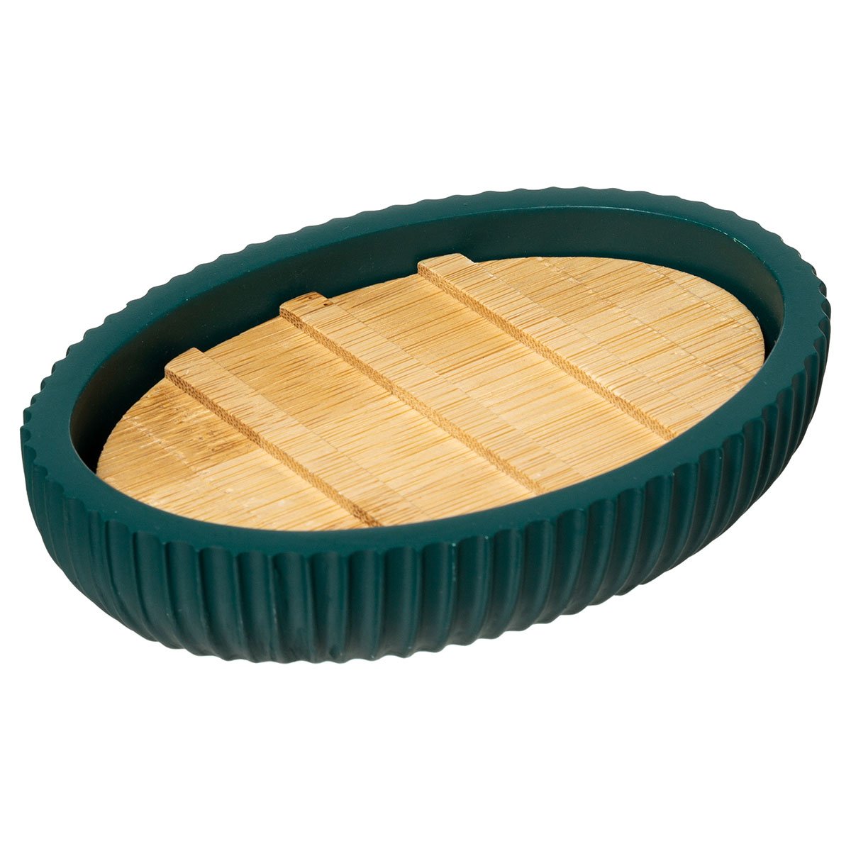 Saboneteira wc NATUREO azul petróleo com base em bambu