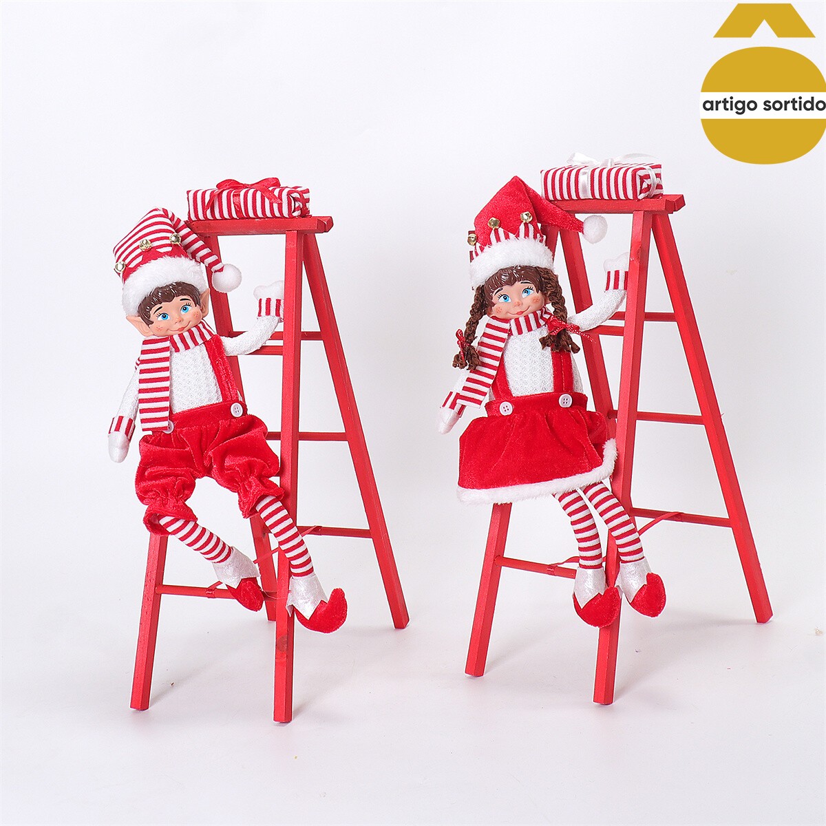 Figura de elfo com escada 49cm,  Figura de elfo com escada 49cm