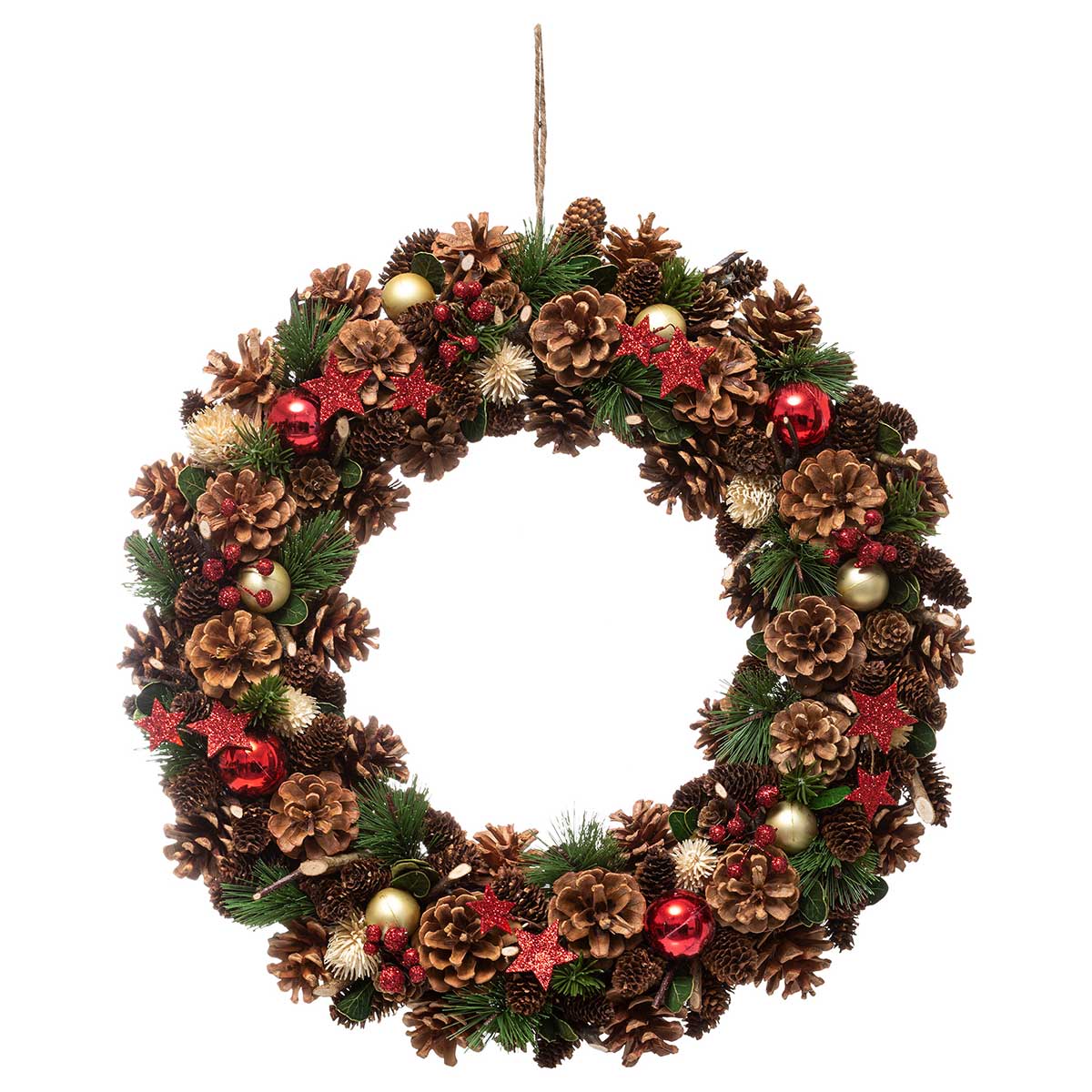 Coroa de natal com pinhas e estrelas 50cm