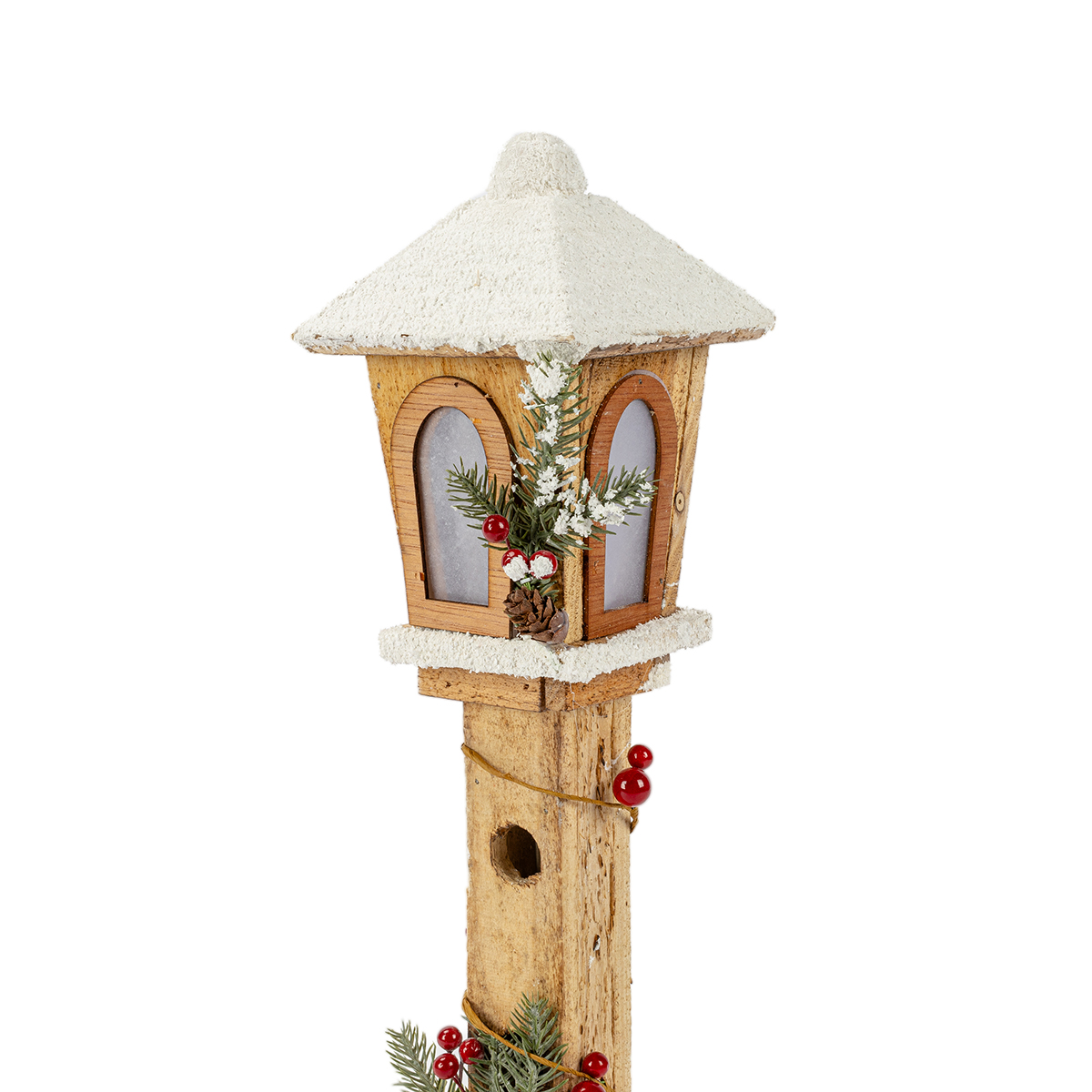 Lanterna decorativa em madeira com bagas e leds 52,5cm