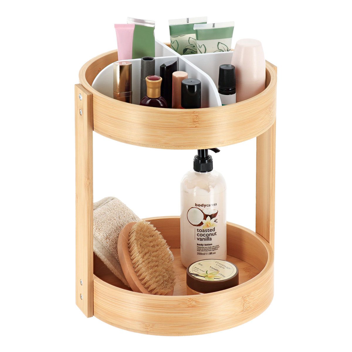 Organizador rotativo com duas prateleiras branco em bambu