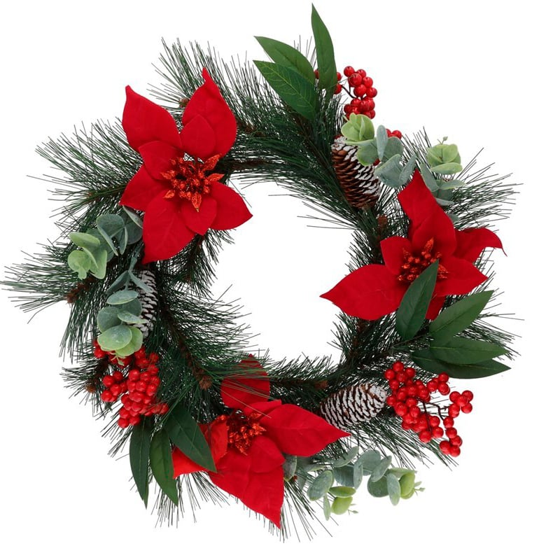 Coroa com poinsettias, bagas e neve 45cm