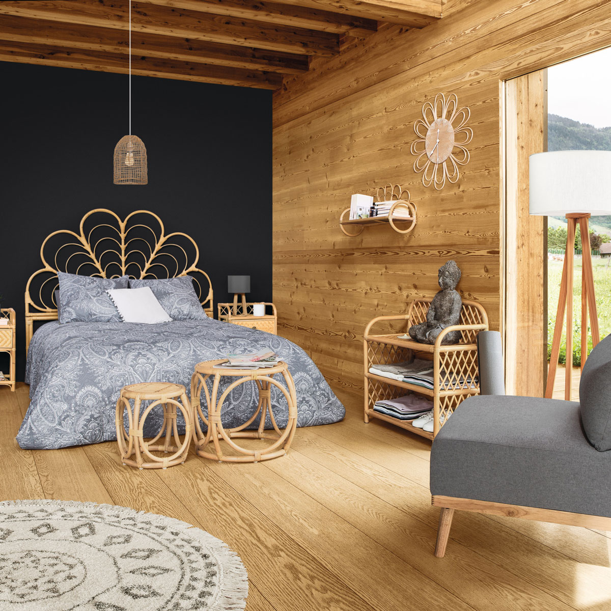 Cabeceira FOLK bege em rattan,  Cabeceira FOLK bege em rattan