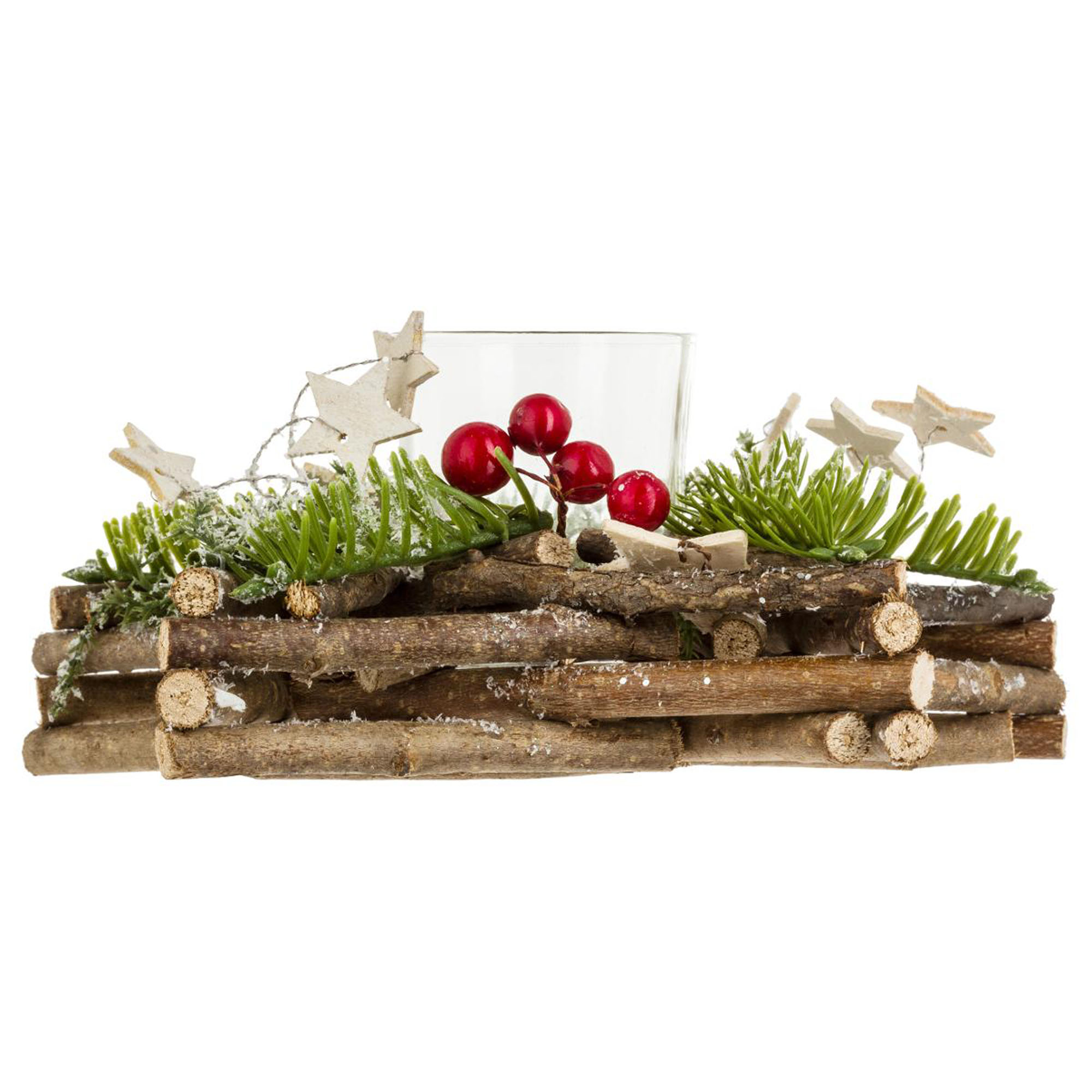 Castiçal estrela decorado em madeira e vidro,  Castiçal estrela decorado em madeira e vidro