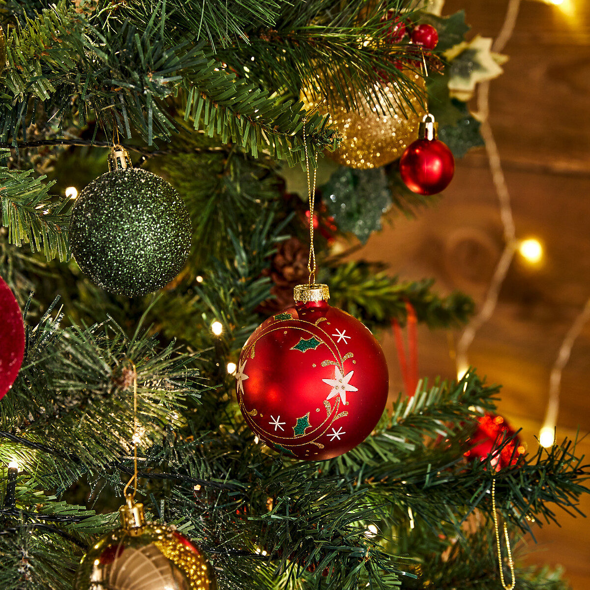 Bola de natal com azevinho e estrelas 8cm
