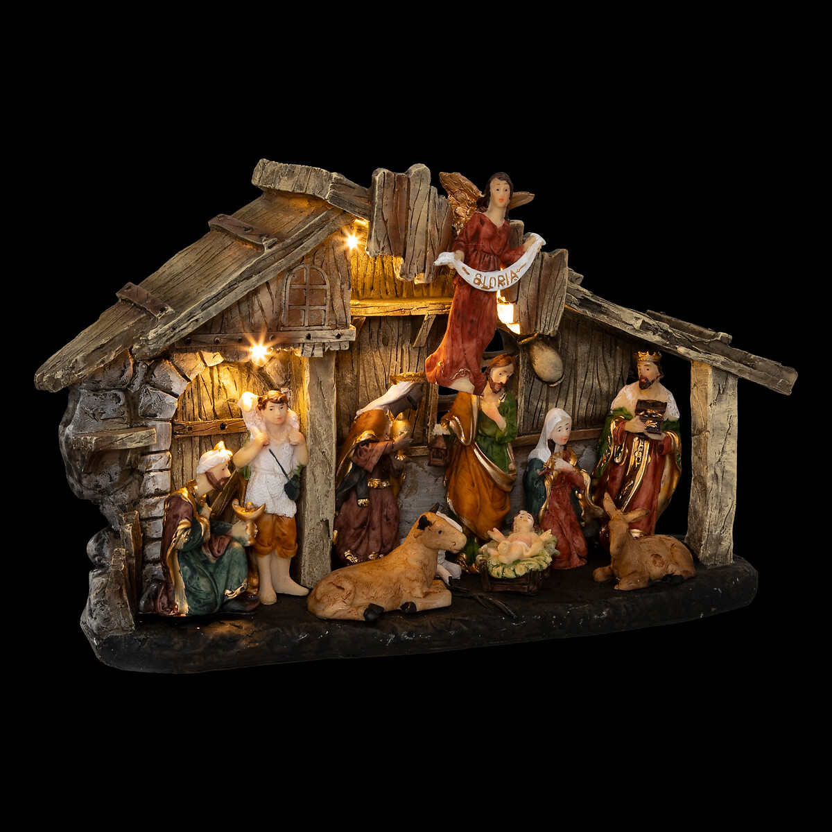 Pres&eacute;pio cabana com 11 figuras e led