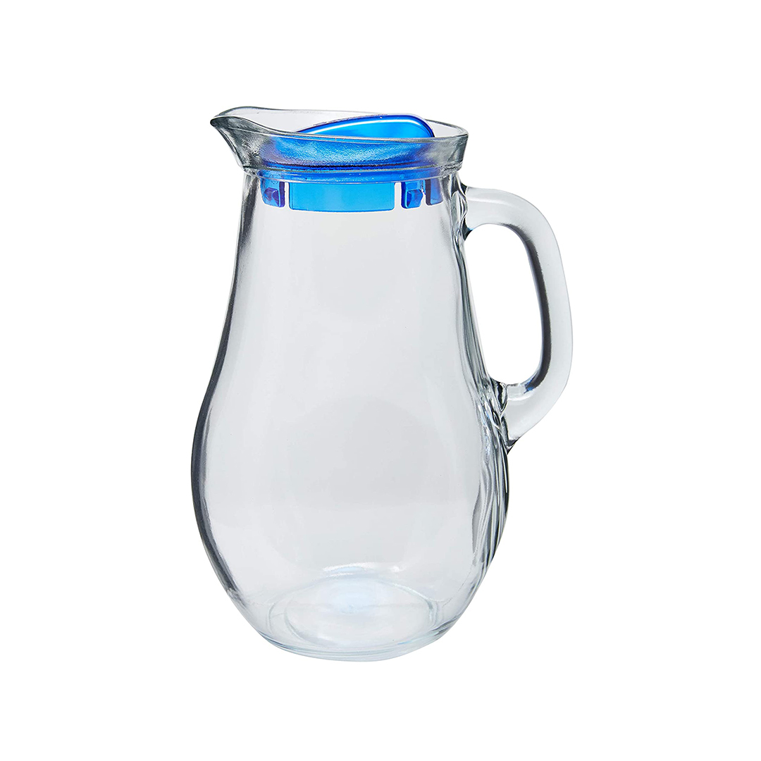 Jarro de vidro com tampa plástica azul,  Jarro de vidro com tampa plástica azul