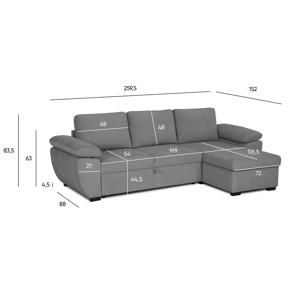 Sof&aacute; cama DRESDEN com cofre e chaise longue cinza