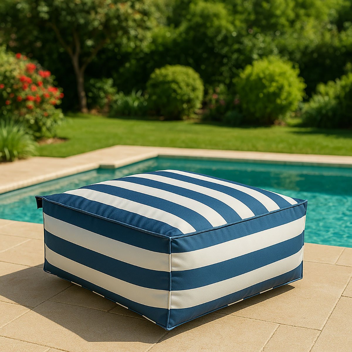Pufe cubo imperme&aacute;vel riscas branco e azul