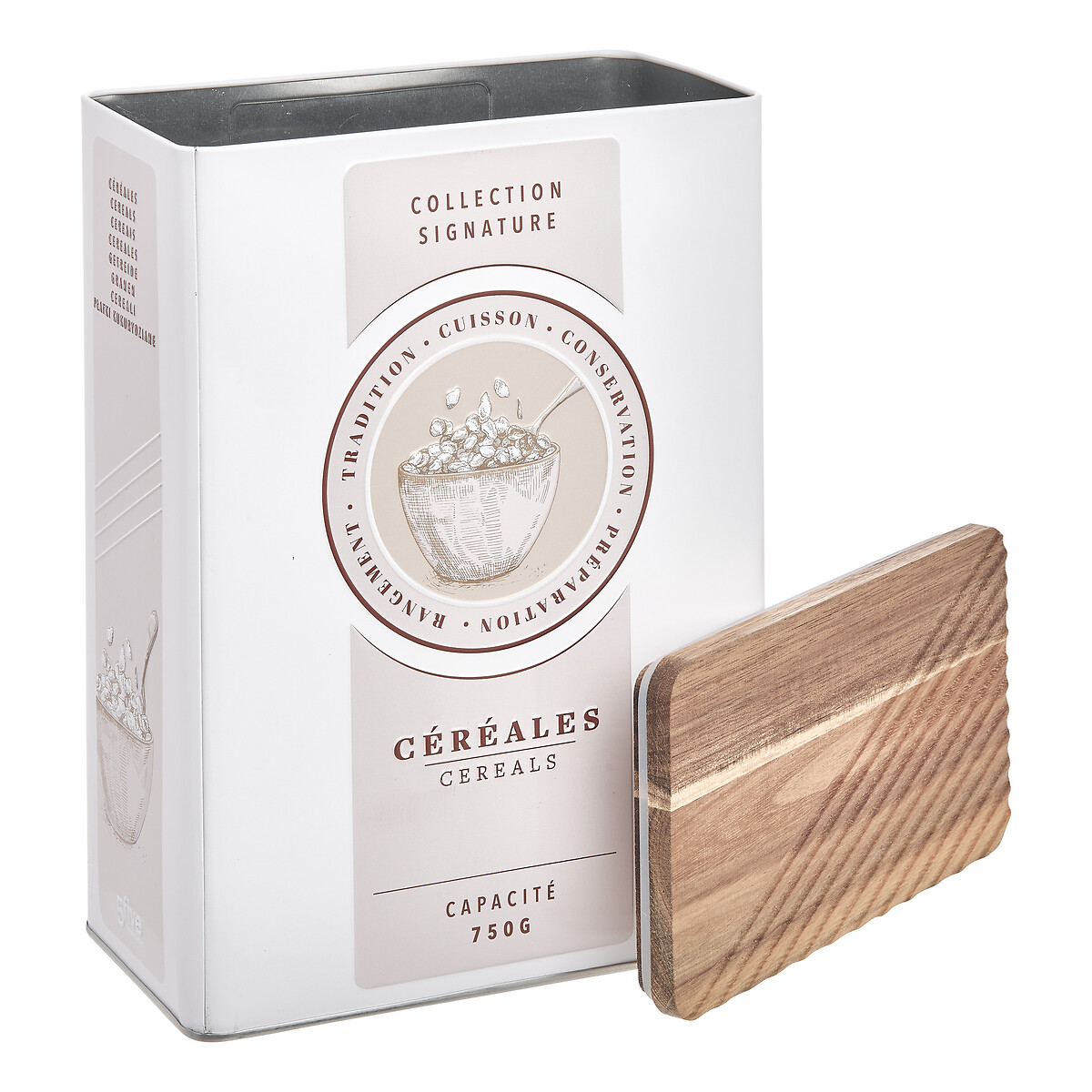 Lata para cereais bege de metal com tampa