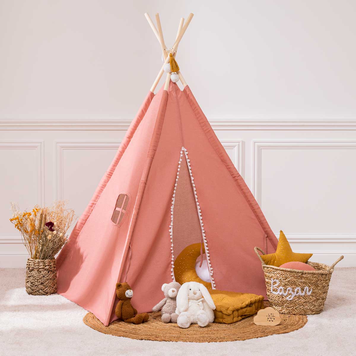 Tenda TIPI rosa com pompons rainbow