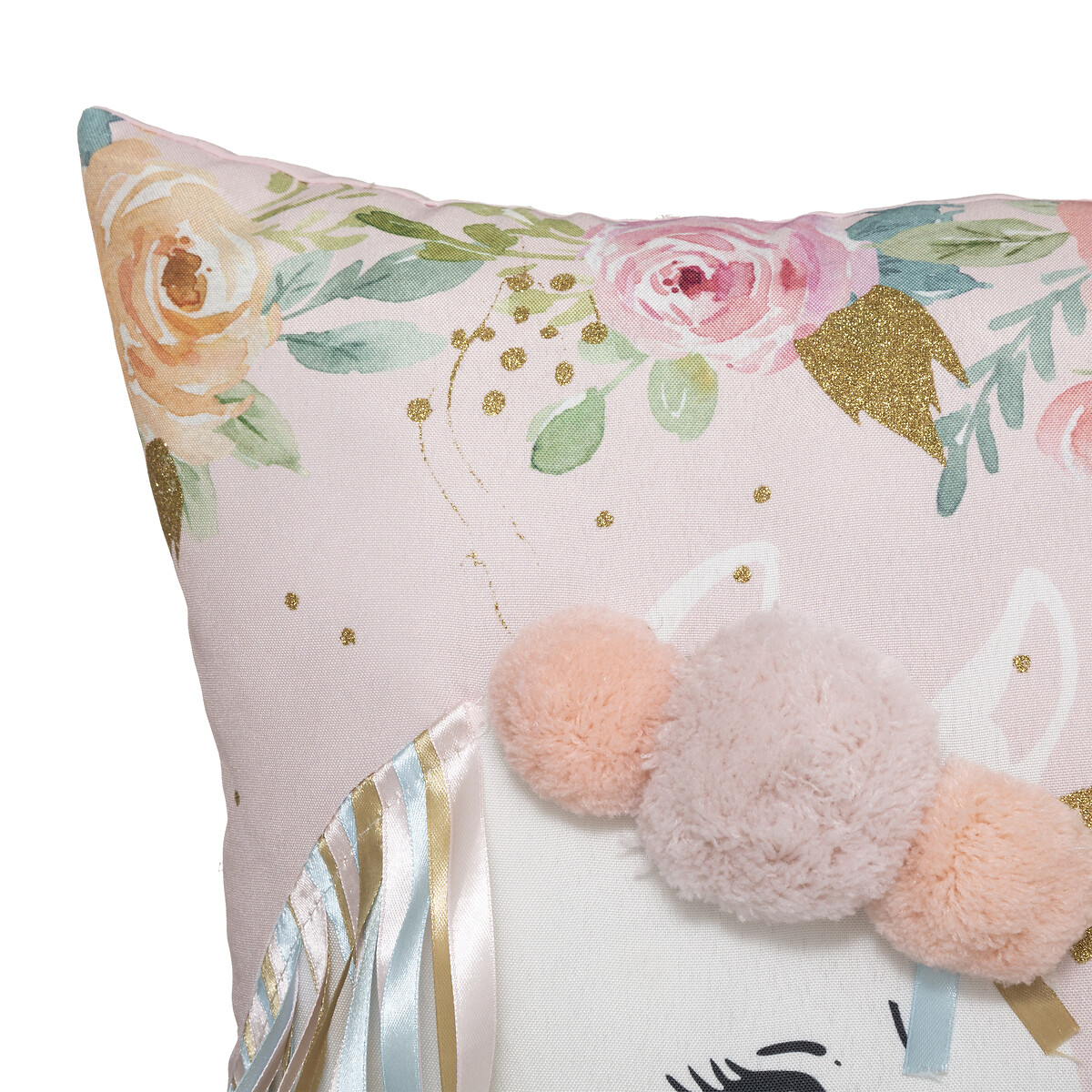 Almofada unicórnio com franjas e pompons