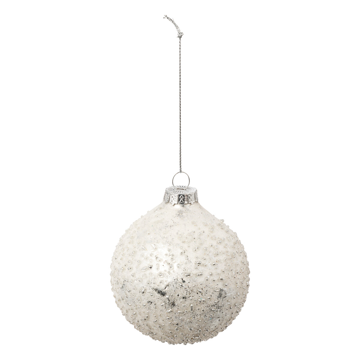 Bola relevo efeito missangas branco e prateado 8cm