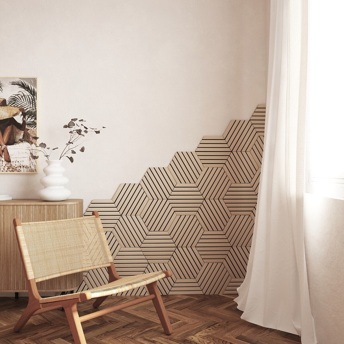 Conjunto de 3 painéis decorativos hexagonal COLVA natural