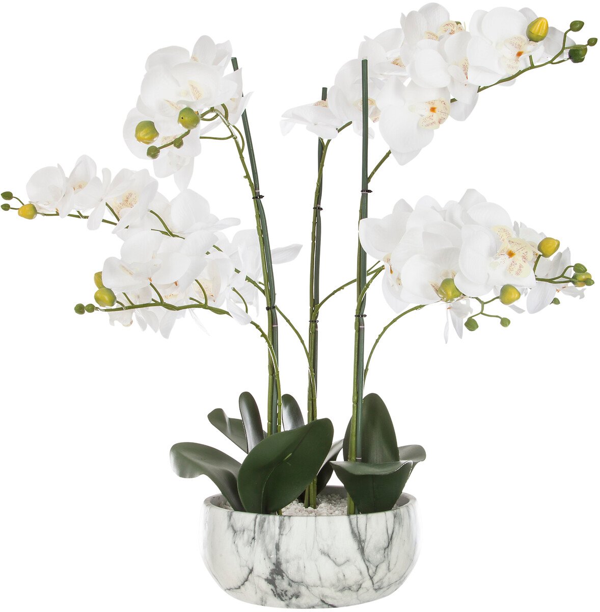 Vaso efeito m&aacute;rmore com orqu&iacute;dea artifical branca 65cm