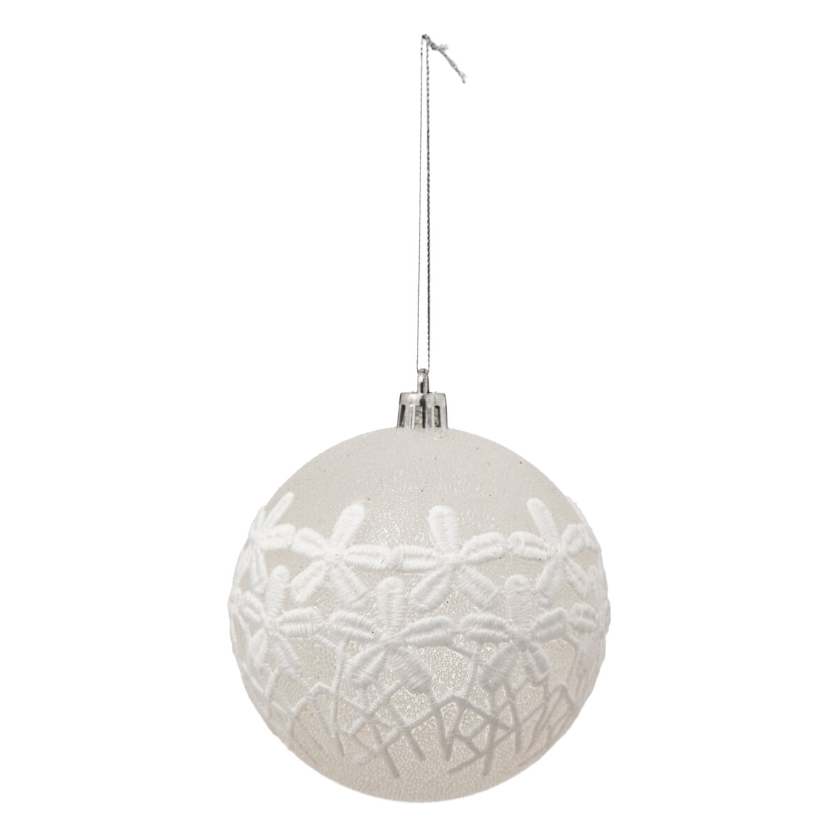 Pendurante bola relevo branco com flores renda 8cm