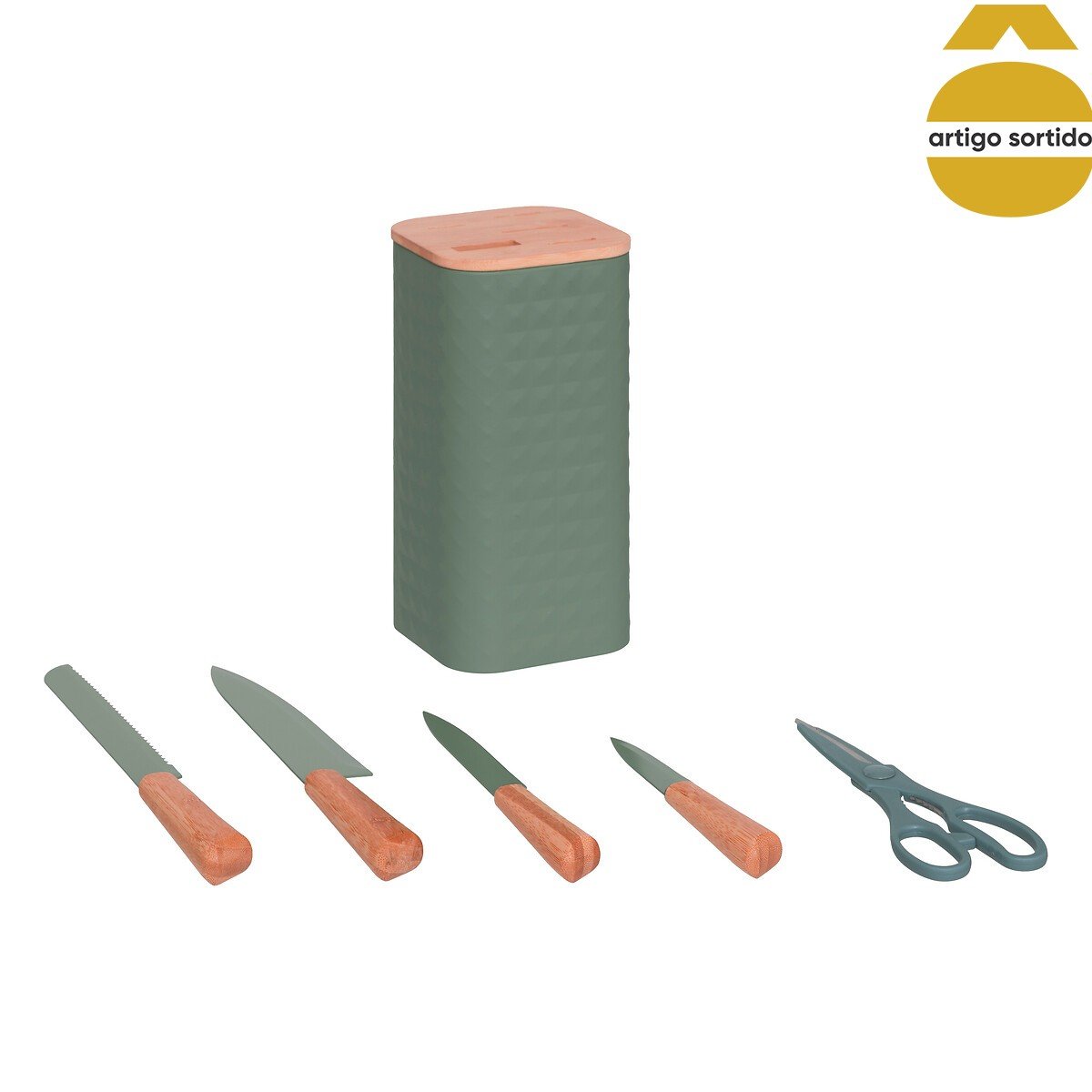 Conjunto de facas com suporte e tesoura