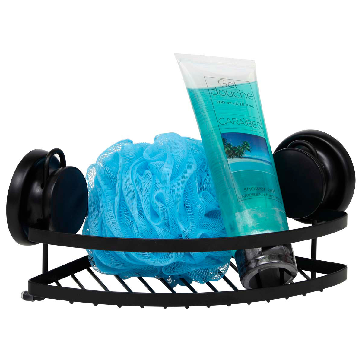 Suporte preto de canto em metal com ventosas